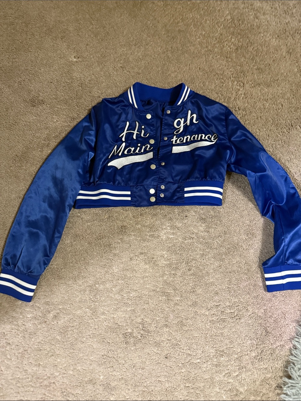 Blue Cropped Satin Varsity High Maintenance Jacket with White Script